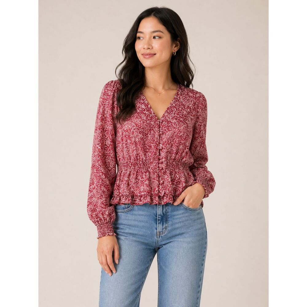 Express XS Pink Paisley Blouse Peplum Button Front Boho Chic Long Sleeve Top
